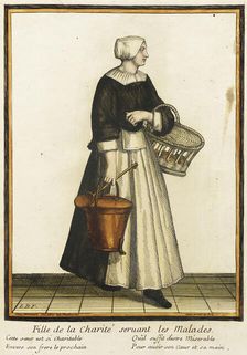 Recueil des modes de la cour de France, Fille de la Charité Seruant les Malades Bound 1703-1704. Creator: Henri Bonnart