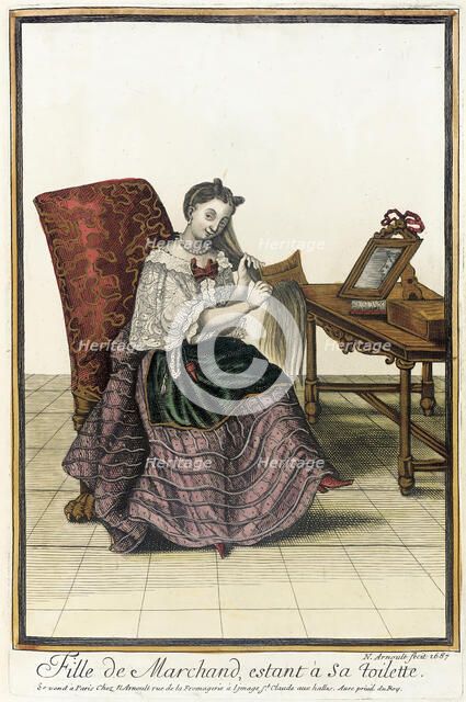 Recueil des modes de la cour de France, 'Fille de Marchand, estant à Sa Toilette', 1687. Creator: Nicolas Arnoult.