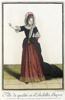 Recueil des modes de la cour de France, Fille de Qualité en d'Eshabillée d'Hyver 1685. Creator: Nicolas Arnoult