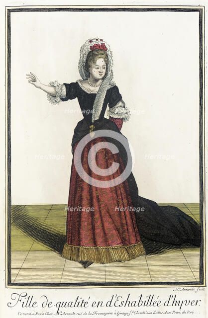 Recueil des modes de la cour de France, 'Fille de Qualité en d'Eshabillée d'Hyver', 1685. Creator: Nicolas Arnoult.