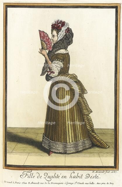 Recueil des modes de la cour de France, 'Fille de Qualité en Habit dÉsté', 1687. Creator: Nicolas Arnoult.