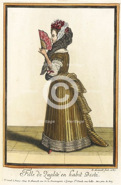 Recueil des modes de la cour de France, 'Fille de Qualité en Habit dÉsté', 1687. Creator: Nicolas Arnoult.