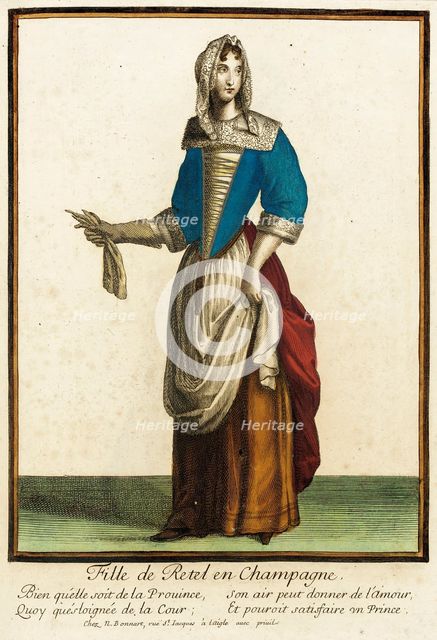Recueil des modes de la cour de France, 'Fille de Retel en Champagne', between c1678 and c1693. Creator: Nicolas Bonnart.