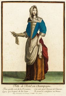 Recueil des modes de la cour de France, Fille de Retel en Champagne between c1678 and c1693. Creator: Nicolas Bonnart