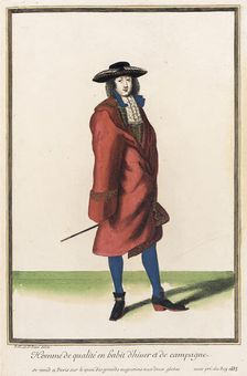 Recueil des modes de la cour de France, Homme de Qualité en Habit d'Hiuer et de Campagne 1683. Creator: Jean de Dieu