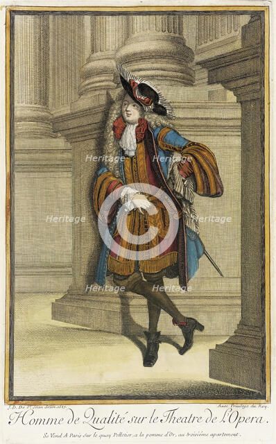 Recueil des modes de la cour de France, 'Homme de Qualité sur le Theatre de l'Opera', 1687. Creator: Jean de Dieu.