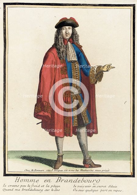 Recueil des modes de la cour de France, 'Homme en Brandebourg', Bound 1703-1704. Creator: Henri Bonnart.