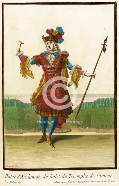 Recueil des modes de la cour de France, 'Habit d'Andimion du Balet du Triomphe de l'Amour',1703-1704 Creators: Jean Berain, Jean Lepautre, Jacques Le Pautre, Jean Doliver.