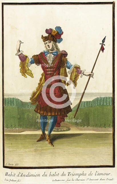 Recueil des modes de la cour de France, 'Habit d'Andimion du Balet du Triomphe de l'Amour',1703-1704 Creators: Jean Berain, Jean Lepautre, Jacques Le Pautre, Jean Doliver.