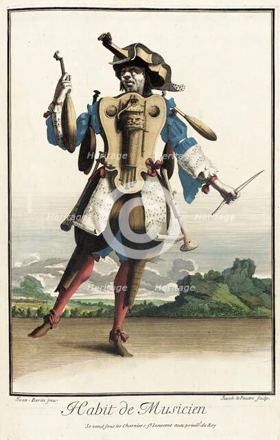 Recueil des modes de la cour de France, 'Habit de Musicien', Bound 1703-1704. Creators: Jean Berain, Jacques Le Pautre, Jean Lepautre.