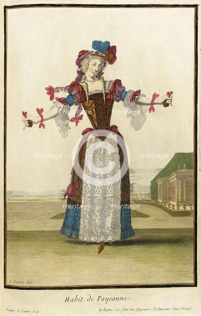 Recueil des modes de la cour de France, 'Habit de Paysanne', Bound 1703-1704. Creators: Jean Lepautre, Jean Berain, Jacques Le Pautre.