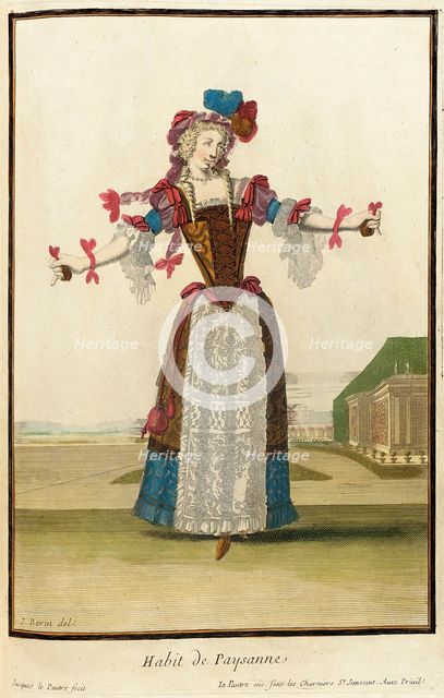 Recueil des modes de la cour de France, 'Habit de Paysanne', Bound 1703-1704. Creators: Jean Lepautre, Jean Berain, Jacques Le Pautre.