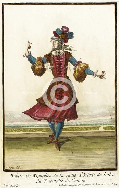 Recueil des modes de la cour de France, 'Habits des Nymphes de la Suitte d'Orithie du..., 1703-04. Creators: Jean Berain, Jean Lepautre, Jacques Le Pautre.