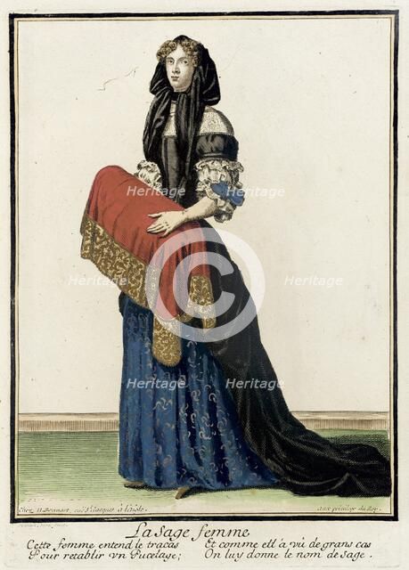 Recueil des modes de la cour de France, 'La Sage Femme' (image 1 of 3), between c1678 and c1693. Creator: Nicolas Bonnart.