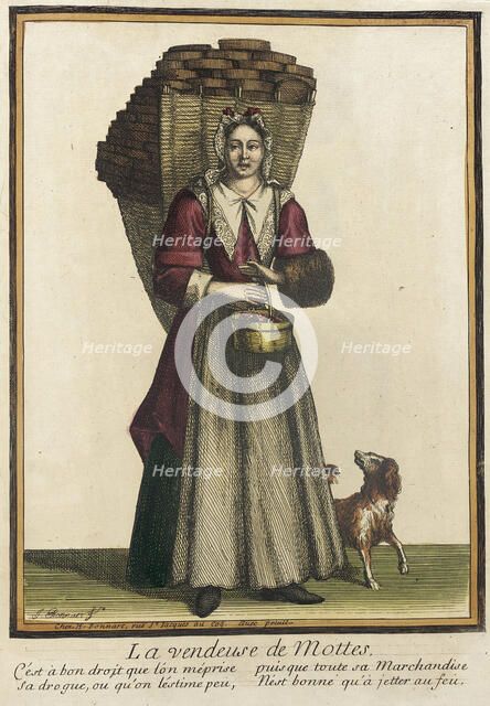 Recueil des modes de la cour de France, 'La Vendeuse de Mottes', after 1685. Creators: Jean-Baptiste Bonnart, Henri Bonnart.