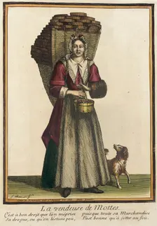 Recueil des modes de la cour de France, La Vendeuse de Mottes after 1685. Creators: Jean-Baptiste Bonnart, Henri Bonnart
