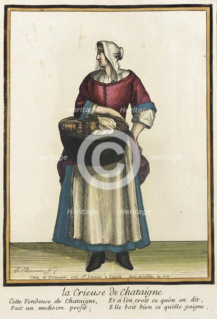 Recueil des modes de la cour de France, 'La Vrieuse de Chataigne', after 1674. Creators: Jean-Baptiste Bonnart, Nicolas Bonnart.