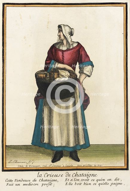 Recueil des modes de la cour de France, 'La Vrieuse de Chataigne', after 1674. Creators: Jean-Baptiste Bonnart, Nicolas Bonnart.