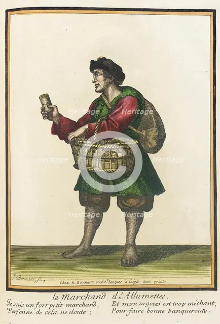 Recueil des modes de la cour de France, 'Le marchand d'Allumettes', after 1674. Creators: Nicolas Bonnart, Jean-Baptiste Bonnart.