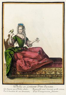 Recueil des modes de la cour de France, Philis se Joüant d'un Oyseau between c1682 and c1686. Creator: Nicolas Bonnart