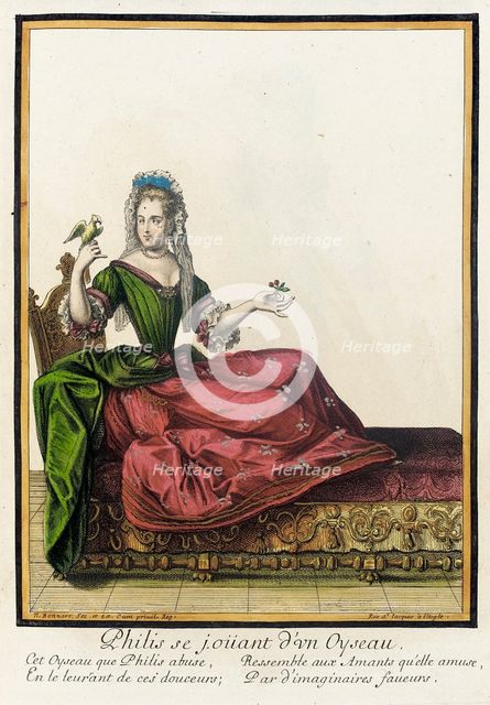 Recueil des modes de la cour de France, 'Philis se Joüant d'un Oyseau', between c1682 and c1686. Creator: Nicolas Bonnart.