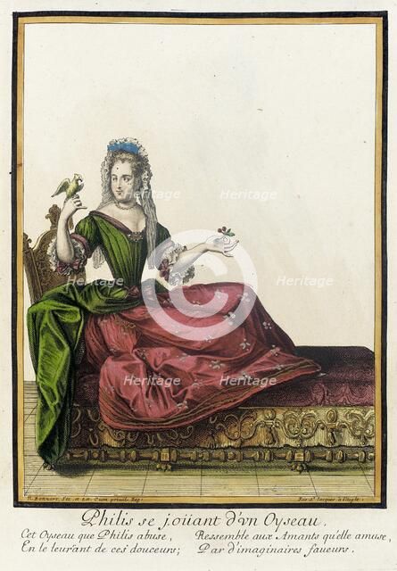 Recueil des modes de la cour de France, 'Philis se Joüant d'un Oyseau', between c1682 and c1686. Creator: Nicolas Bonnart.