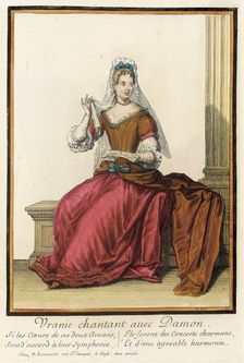 Recueil des modes de la cour de France, Vranie Chantant avec Damon between c1682 and c1686. Creator: Nicolas Bonnart