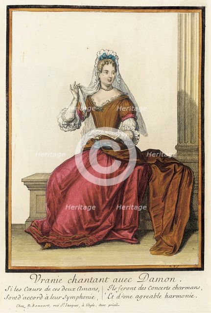 Recueil des modes de la cour de France, 'Vranie Chantant avec Damon', between c1682 and c1686. Creator: Nicolas Bonnart.