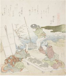Recycling Paper, illustration for The Fulling-block Shell (Kinuta gai), from the series "A..., 1821. Creator: Hokusai