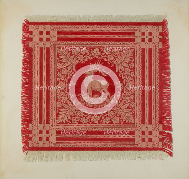 Red and White Napkin (Deer Design), 1935/1942. Creator: Merkley, Arthur G..