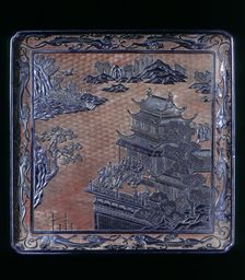 Red and black carved square lacquer tray with landscape, Qing dynasty, China, 17th-18th century. Creator: Unknown