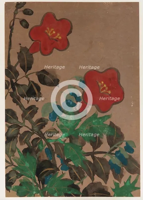 Red and blue flowers and foliage, Edo period, 1615-1868. Creator: Unknown.