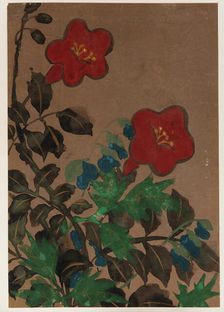 Red and blue flowers and foliage, Edo period, 1615-1868. Creator: Unknown