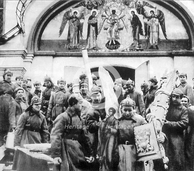 Red Army men confiscating church treasures of the Simonov monastery, Moscow, USSR, 1925. Artist: Anon