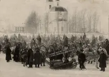 Red convoy with bread against the backdrop of the Sretenskaya Church, 1920-1929. Creator: Unknown