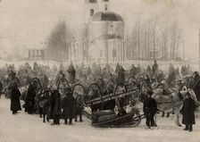 Red convoy with bread against the backdrop of the Sretenskaya Church, 1920-1929. Creator: Unknown