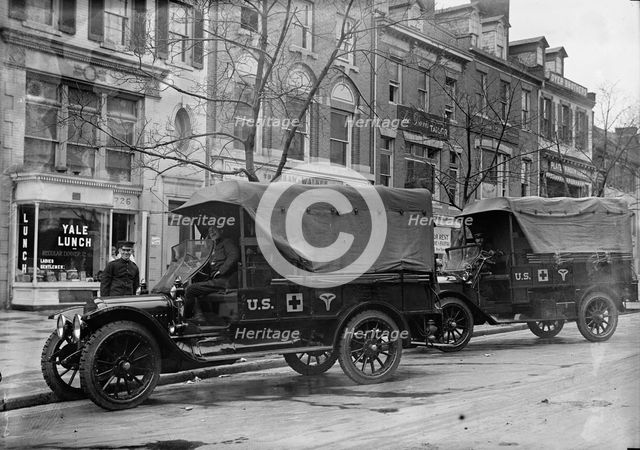 Red Cross, American - Army Trucks And Trailers For Red Cross Supplies, 1917. Creator: Harris & Ewing.