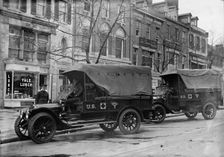 Red Cross, American - Army Trucks And Trailers For Red Cross Supplies, 1917. Creator: Harris & Ewing