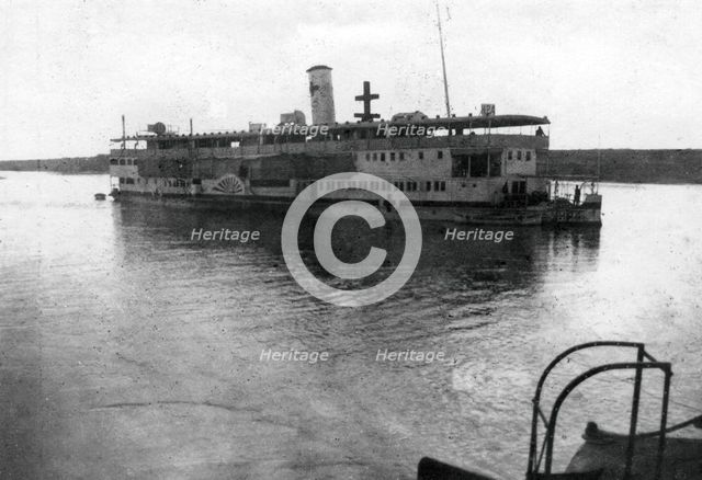 Red Cross river boat going up the Tigris River, Mesopotamia, WWI, 1918. Artist: Unknown