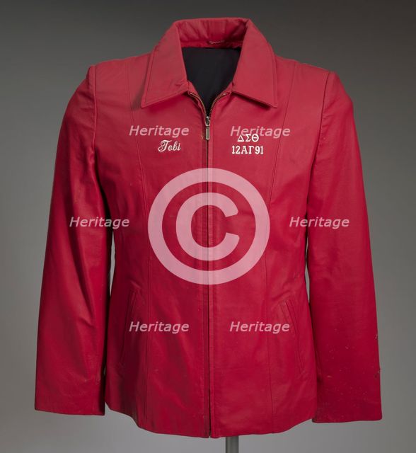 Red leather Delta Sigma Theta jacket owned by Tobi Douglas A. Pulley, 1991. Creator: La-Rose.