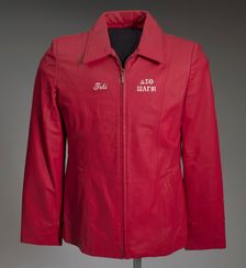 Red leather Delta Sigma Theta jacket owned by Tobi Douglas A. Pulley, 1991. Creator: La-Rose