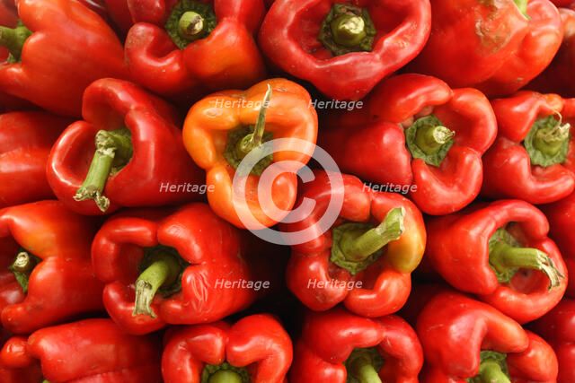 Red peppers in a market, Mallorca, Spain.