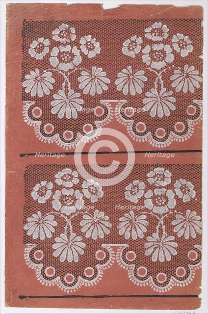 Red sheet with two borders with a white floral pattern atop a black ..., late 18th-mid-19th century. Creator: Anon.