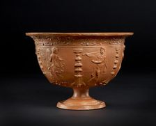 Red-slipped bowl: musicians and dancers entertain while servants bring food to a banquet, 25 BC-1 BC