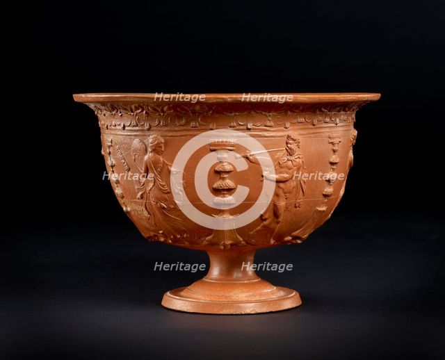 Red-slipped bowl: musicians and dancers entertain while servants bring food to a banquet, 25 BC-1 BC Artist: Unknown.