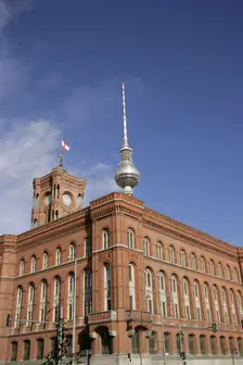 Red Town Hall, (Rotes Rathaus) from Spandauer Strasse, Berlin, Germany, 2025. Creator: LTL