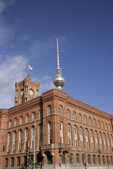 Red Town Hall, (Rotes Rathaus) from Spandauer Strasse, Berlin, Germany, 2025. Creator: LTL
