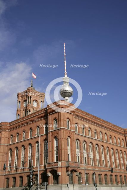 Red Town Hall, (Rotes Rathaus) from Spandauer Strasse, Berlin, Germany, 2025.  Creator: LTL.