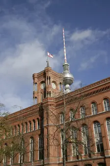 Red Town Hall, (Rotes Rathaus) from Spandauer Strasse, Berlin, Germany, 2025. Creator: LTL