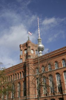 Red Town Hall, (Rotes Rathaus) from Spandauer Strasse, Berlin, Germany, 2025. Creator: LTL